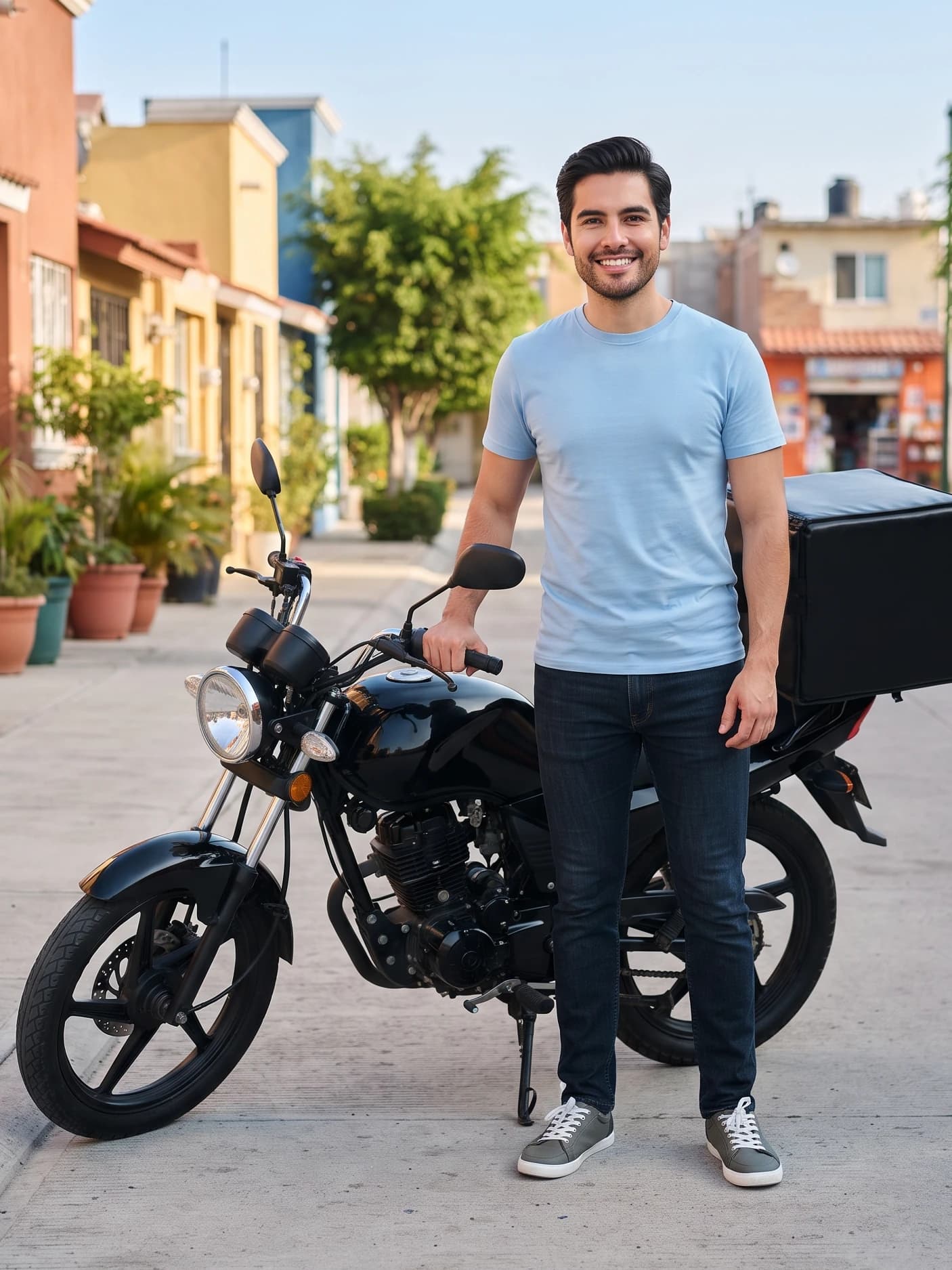 Repartidor independiente de pie junto a su motocicleta con caja de reparto, en una calle de colonia a plena luz de día