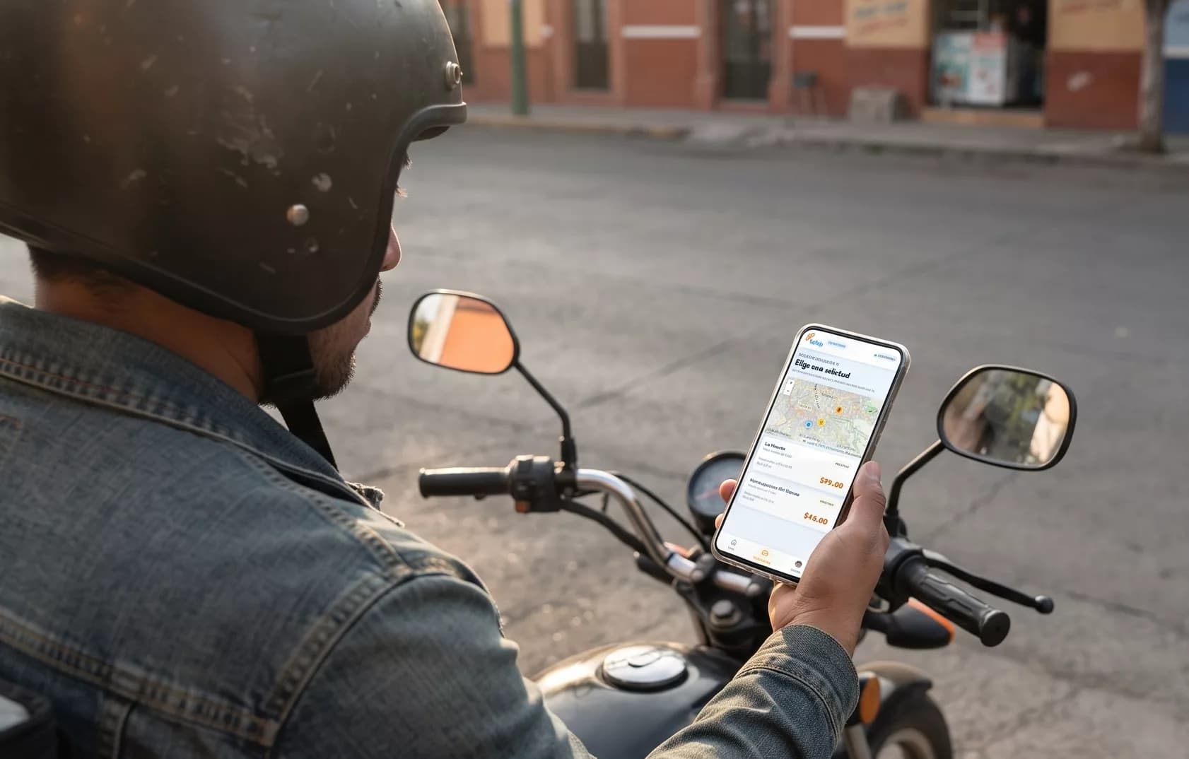 Repartidor en su ruta, listo para tomar solicitudes de envío cercanas desde su teléfono