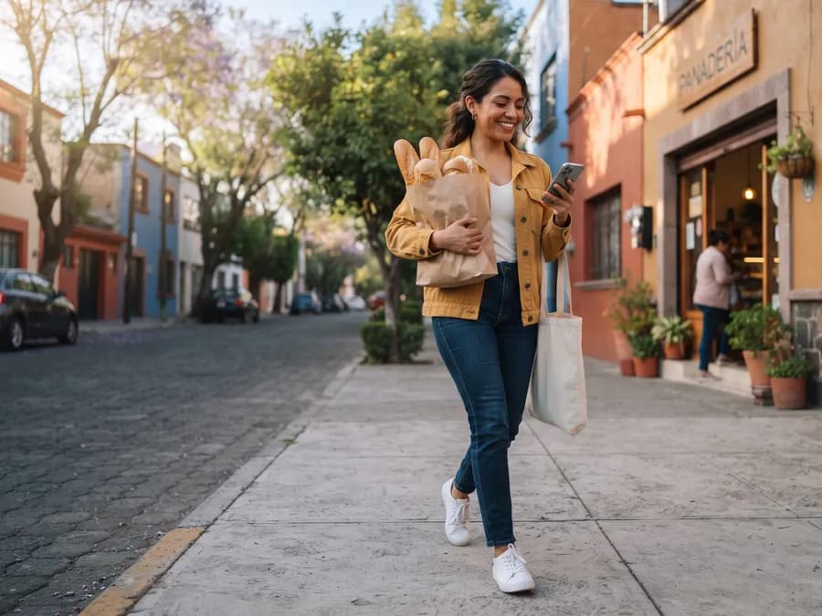 Repartidora caminando por la banqueta con una bolsa de pan recién salida de la panadería