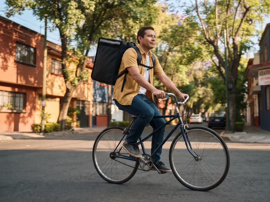 Repartidor en bicicleta con mochila térmica de reparto por una calle arbolada de colonia