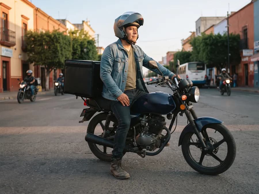 Repartidor en motocicleta con caja térmica detenido en un cruce de avenida